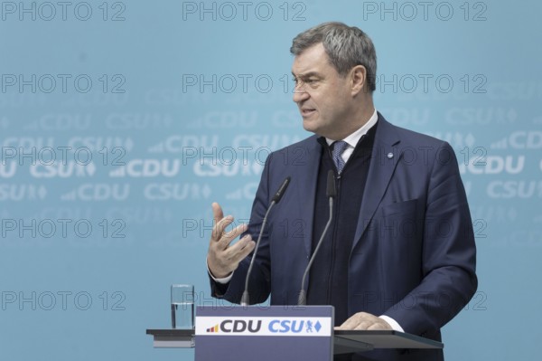 Markus Söder, Minister-President of Bavaria, at a press conference after the joint meeting of the CDU/CSU Presidiums on the European election programme in Berlin, 11 March 2024