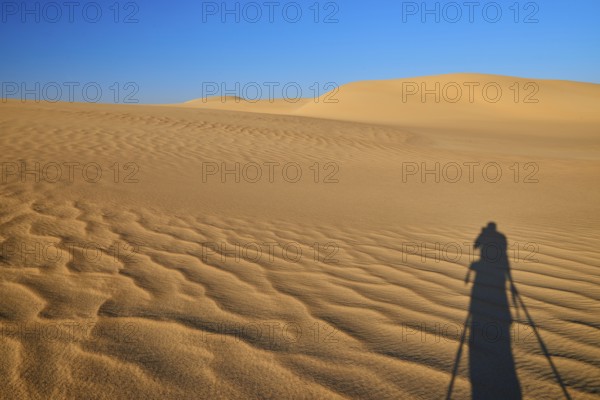 Shadow of a photographer in a vast desert landscape with sand dunes and blue sky, Matruh, Great Sand Sea, Libyan Desert, Sahara, Egypt, North Africa, Africa