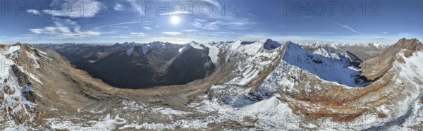 Glacier Gurgler Ferner and Hinterer Spiegelkogel, Ramoljoch, alpine panorama, aerial view, mountains in Ötztal, Ötztal Alps, Tyrol, Austria, Europe
