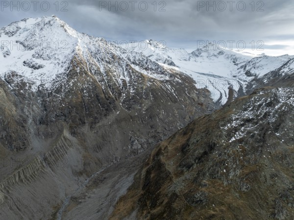 Schafkogel and Querkogel, glacier Schlaf Ferner, Niedertal, alpine panorama, aerial view, mountains in Ötztal, Ötztal Alps, Tyrol, Austria, Europe