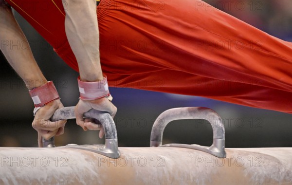 Feature detail close-up Senne Spyckerelle BEL pommel horse action gymnastics, EnBW DTB-Pokal, Porsche-Arena, Stuttgart, Baden-Württemberg, Germany, Europe