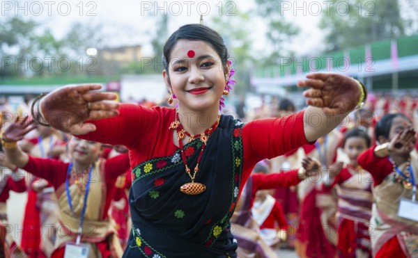 Participants with an instructor dance on the final day of a Bihu dance workshop ahead of Rongali Bihu Festival, in Guwahati, Assam, India on 12 April 2025