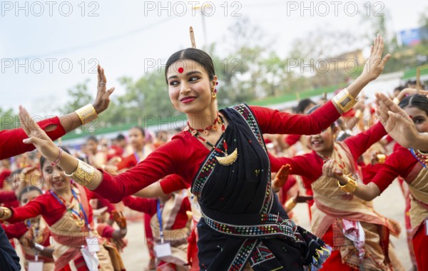 Participants with an instructor dance on the final day of a Bihu dance workshop ahead of Rongali Bihu Festival, in Guwahati, Assam, India on 12 April 2025