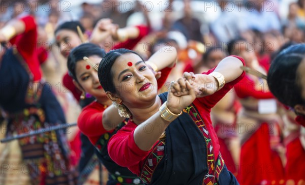 Participants with instructors dance on the final day of a Bihu dance workshop ahead of Rongali Bihu Festival, in Guwahati, Assam, India on 12 April 2025