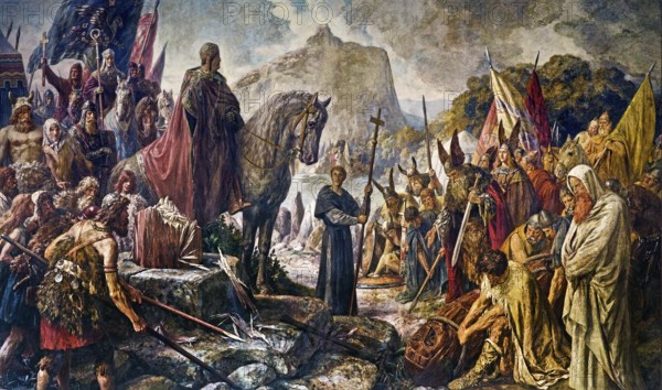 Charlemagne destroys the Irmin Column with grisailles in 772, mural by Hermann Wislicenus, Kaisersaal Goslar, Lower Saxony, Germany, Europe