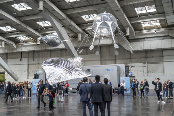 Mechanical flying objects, filled with helium, controlled by fine mechanics, movements copied from animals, birds, fish, bionics applied, to illustrate technical processes, by automation specialists Festo, at the Hannover Messe, Lower Saxony, Germany, Europe