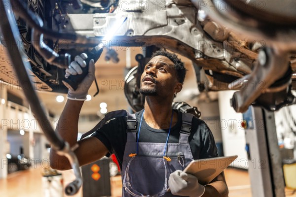 Young mechanic inspecting car undercarriage using flashlight and holding tablet in a modern auto repair shop