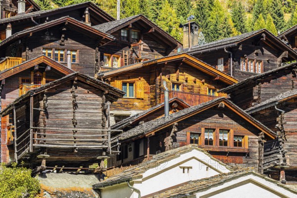 Old wooden houses in the historic village centre, Grimentz, Val d'Anniviers, Valais Alps, Canton Valais, Switzerland, Europe