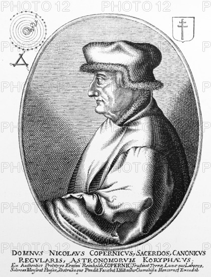 Portrait of Nicolaus Copernicus, birthplace Frombork or Frauenberg, Poland, physician, astronomer, cartographer, new world view, planets, late Middle Ages, historical illustration 1880, Europe