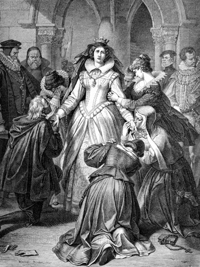 Mary Stuart, bidding farewell to her corn on the way to execution. Mary Stuart, 1542, 1587, born as Mary Stewart, was Queen of Scotland from 14 December 1542 to 24 July 1567 as Mary I, Historical, digitally restored reproduction from a 19th century original, Record date not stated