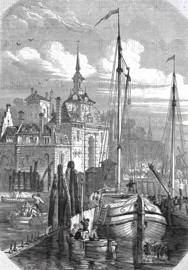 Historic, digitally restored reproduction from a 19th century original, Record date not stated, The old Tor tor in Rotterdam, harbour, around 1855, Holland