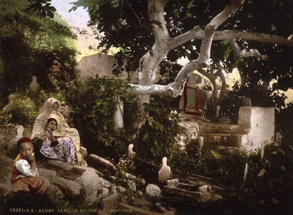Moorish family in the cemetery, Algiers, Algeria, ca 1890, Historical, digitally restored reproduction from a 19th century original, Record date not stated, Africa