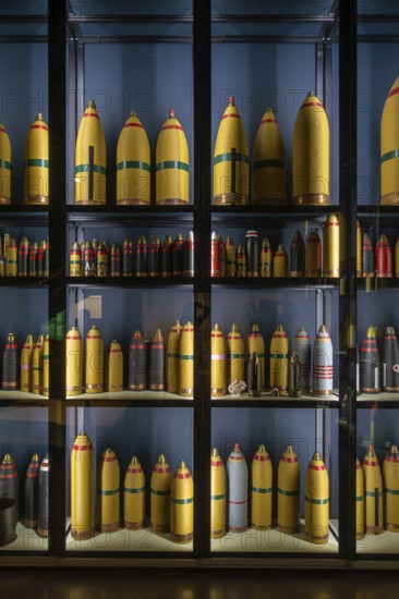 British and German WW1 colour coded artillery shells at WWI Passchendaele Museum about the Third Battle of Ypres, Zonnebeke, West Flanders, Belgium, Europe