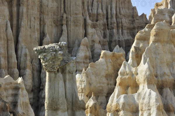 Strange rock formations created by water erosion at the Orgues d'Ille-sur-Têt in the Pyrénées-Orientales, Pyrenees, France, Europe
