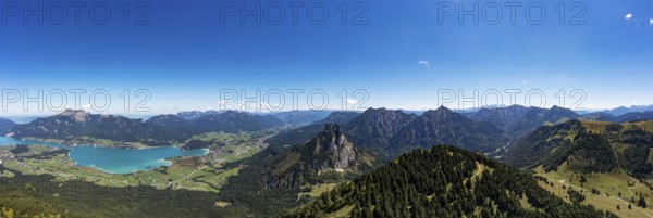 Drone shot, view from the summit of the Bleckwand to the Wolfgangsee, Osterhorngruppe, Salzkammergut, Land Salzburg, Austria, Europe