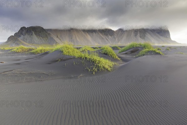 Vestrahorn, Vesturhorn, scree mountain made of gabbro and granophyre rocks, part of the Klifatindur mountain range at Stokksnes, Iceland, Europe