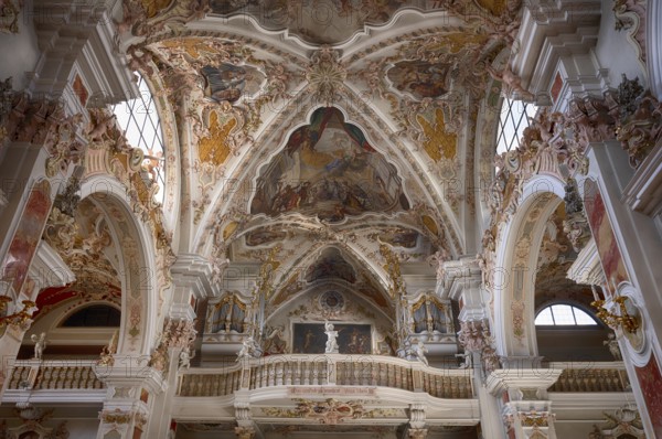 Interior photograph of organ loft, organ, abbey organ, abbey basilica, abbey church, monastery church, Augustinian canons' monastery, Neustift monastery, also abbey, Vahrn near Brixen, Bressanone, South Tyrol, Italy, Europe