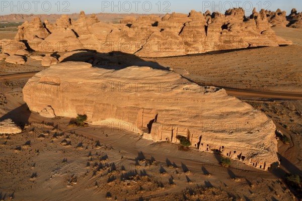 Nabataean Tombs at the Rock Qasr Al-Bint, Blue Hour, Hegra or Mada'in Salih, AlUla Region, Medina Province, Saudi Arabia, Arabian Peninsula, Asia