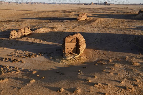 Qasr Al-Farid, 2000-year-old tomb of the Nabataeans, aerial view, Hegra or Madain Salih, AlUla region, Medina province, Saudi Arabia, Arabian Peninsula, Asia