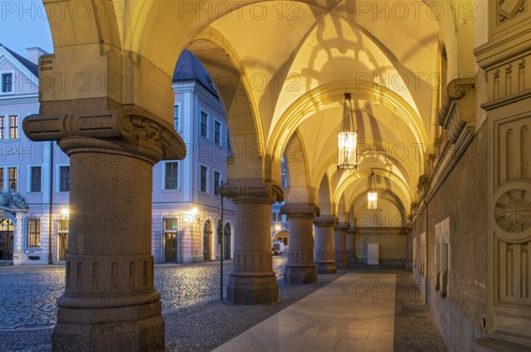 Arcades of New Town Hall building by night, Untermarkt, Görlitz, Goerlitz, Germany, Europe