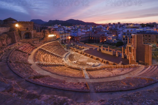 Teatro Romano, blue hour, Roman amphitheater, in the old town of Cartagena, Murcia region, Spain, Europe
