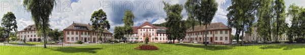 St Blasien Panorama in the spa garden with town hall Haus des Gastes and cathedral Germany