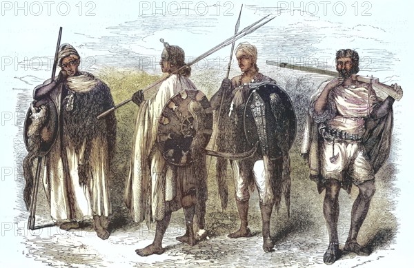 Members of the Army of Abyssinia, Guard of the Negus, in 1868, Ethiopia, Historic, digitally restored reproduction of an original 19th century painting, exact original date unknown, Africa