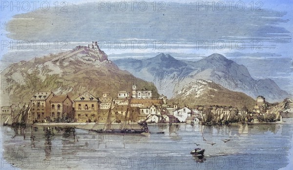 Archipelago of La Maddalena off the north-east coast of Sardinia in the province of Nord-Est Sardegna in 1869, Italy, Historic, digitally restored reproduction of an original 19th century painting, exact original date not known, Europe