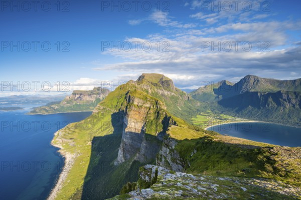 View from Finnesfjellet mountain to mountains and coast, evening Finnes, Helgeland coast, Bodø, Nordland, Norway, Europe