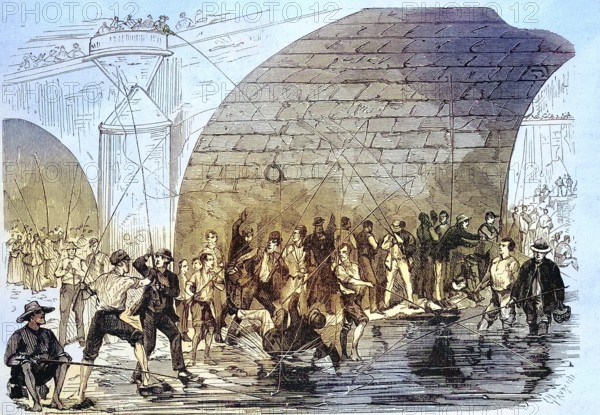 The Anglers at the Bottom of Pont Neuf in Ligne, 1869, France, Historic, digitally restored reproduction of an original 19th century painting, exact original date unknown, Europe