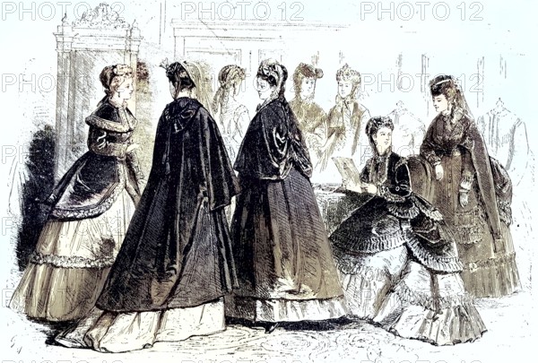 Fashion of the season summer 1868 in Paris, elegant woman in elaborate dresses, France, Historic, digitally restored reproduction of a 19th century original, exact original date not known, Europe