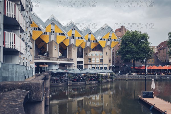 ROTTERDAM, NETHERLANDS, MAY 24, 2018: Cube houses, innovative cube-shaped houses designed by architect Piet Blom with main idea to optimize space, now became a tourist attraction