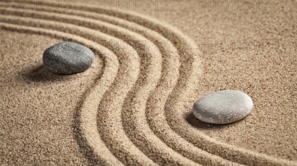Japanese Zen stone garden, relaxation, meditation, simplicity and balance concept, panorama of pebbles and raked sand tranquil calm scene