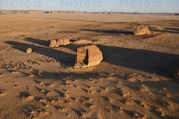 Qasr Al-Farid, 2000-year-old tomb of the Nabataeans, aerial view, Hegra or Madain Salih, AlUla region, Medina province, Saudi Arabia, Arabian Peninsula, Asia