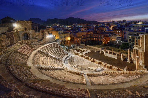 Teatro Romano, blue hour, Roman amphitheater, in the old town of Cartagena, Murcia region, Spain, Europe