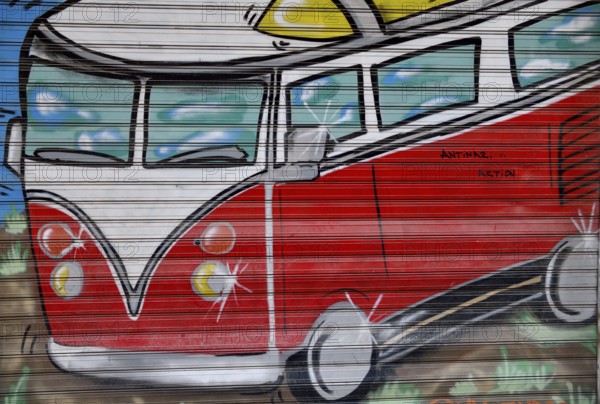 Graffito on a house wall, VW bus, Bulli, Cartagena, Murcia region, Spain, Europe