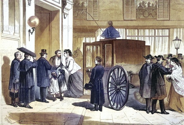 Arrival of Queen Isabella at the Pavillon de rohan in Paris, 1869, France, Historic, digitally restored reproduction of a 19th century original, exact original date unknown, Europe