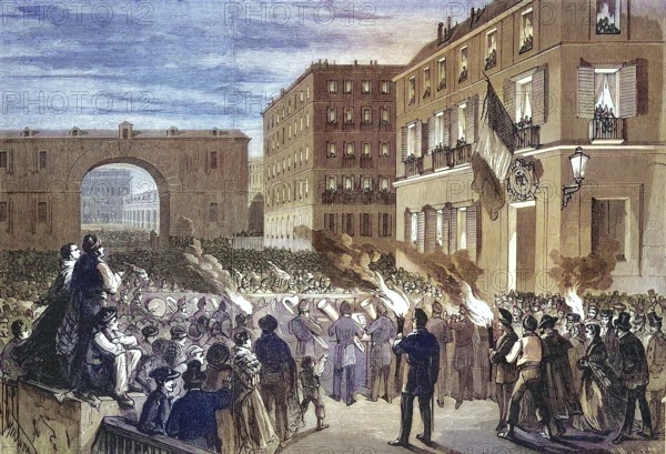 Serenade offered to the French Embassy by the people of Madrid, 1869, Spain, Historic, digitally restored reproduction of a 19th century original, Europe