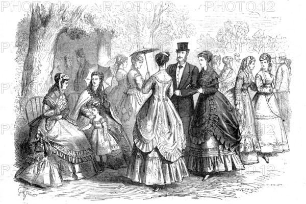 Summer fashion in 1869 in Paris, Noble people walking on Sunday afternoon, France, Historic, digitally restored reproduction of an original 19th century master, exact original date unknown, Europe