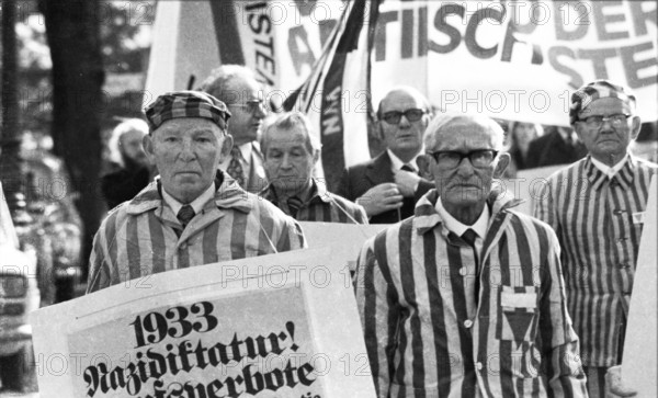 Nazi victims, some in concentration camp uniforms, demonstrated against the occupational bans caused by the Radical Decree on 23 October 1975 in Bonn. The call was made by the Association of Persecuted Persons of the Nazi Regime (VVN), Germany, Europe