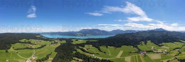 Drone shot, panorama shot, agricultural landscape, Oberaschau with Attersee and Höllengebirge, Salzkammergut, Upper Austria, Austria, Europe