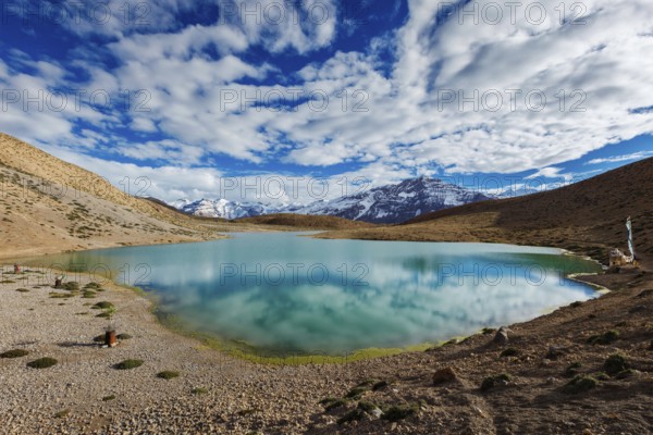 Dhankar Lake in Himalayas. Spiti Valley, Himachal Pradesh, India, Asia