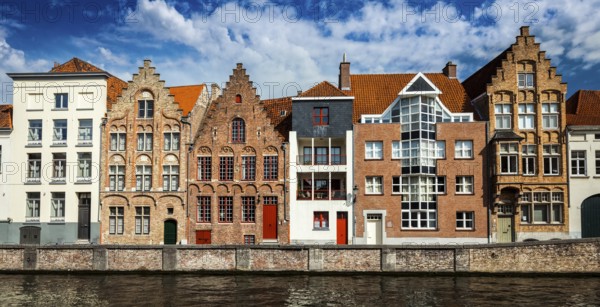Panorama of canal and medieval houses. Bruges (Brugge), Belgium, Europe