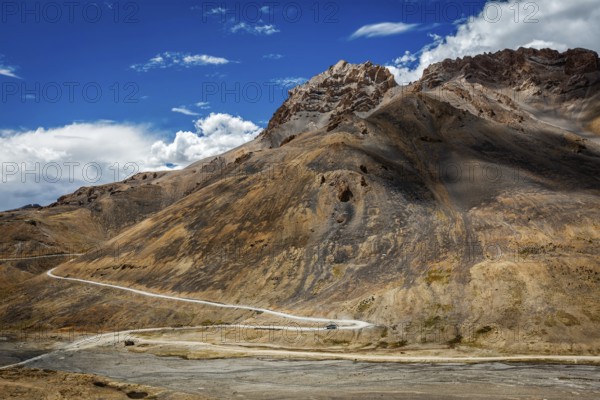 Winding mountain road Manali-Leh to Ladakh with bus in Indian Himalayas. Ladakh, India, Asia
