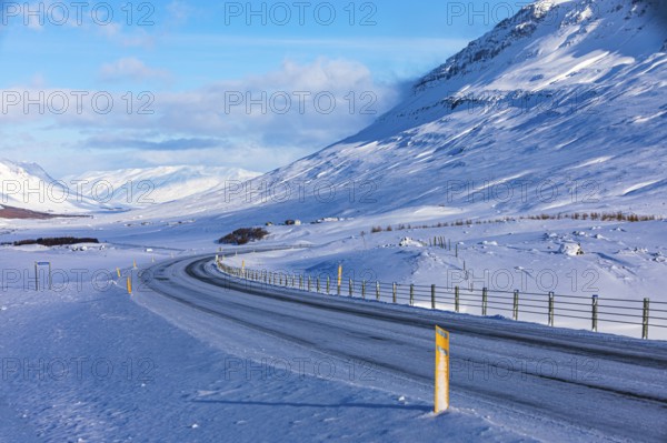 Iced and snow-covered Ring Road No. 1, near Akureyri, Northern Iceland Eyestra, Iceland, Europe