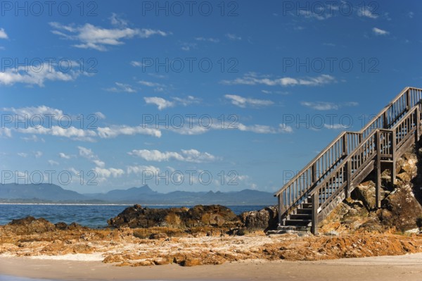 Stairs and viewpoint, travel, holiday, sea, beach, Pacific, ocean, on the beach of Byron bay, Queensland, Australia, Oceania