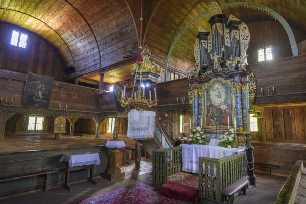 View of the altar in the Lutheran wooden church (Unesco World Heritage Site), Hronsek, Banskobystrický kraj, Slovakia, Europe