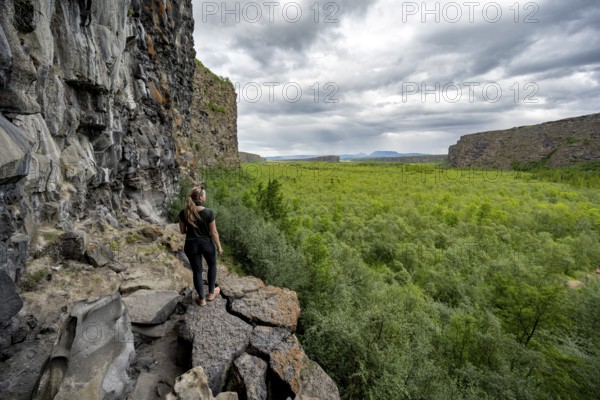 Tourist standing at the canyon, Asbyrgi Canyon, Lake Botnstjörn, lake at a cliff, Icelandic Highlands, Iceland, Europe