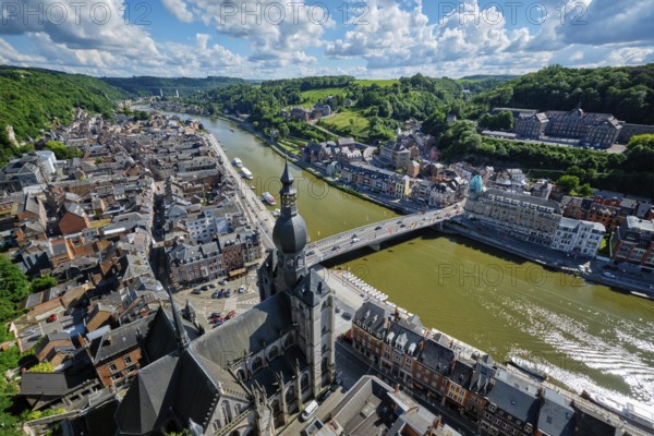 Aerial view of Dinant town, Collegiate Church of Notre Dame de Dinant, River Meuse and Pont Charles de Gaulle bridge from Dinant Citadel. Dinant, Belgium, Europe