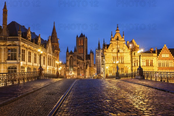 Sint-Niklaaskerk. View over the bridge on Michielshelling street. Ghent, Belgium, Europe